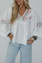 Embroidered Floral Peasant Babydoll Tassel Tie Blouse Top