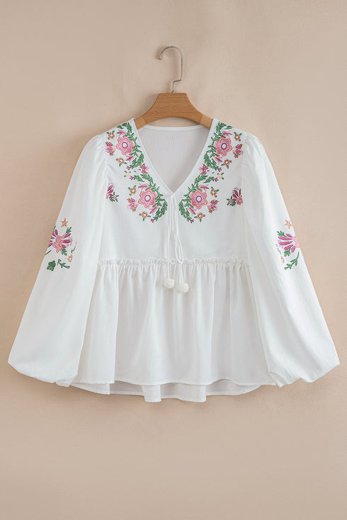 Embroidered Floral Peasant Babydoll Tassel Tie Blouse Top