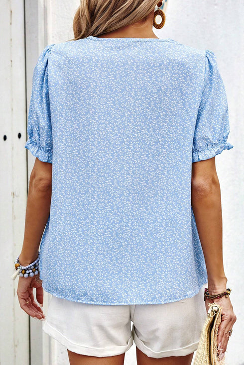 Embroidered Floral Puff Sleeve Notched V Neck Blouse