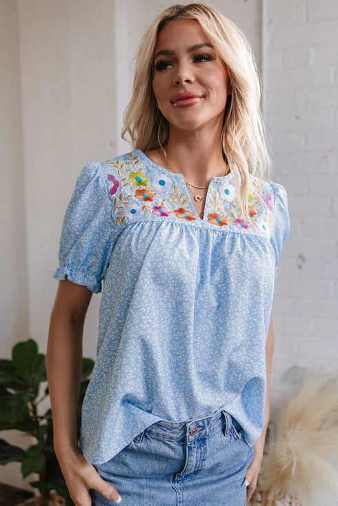 Embroidered Floral Puff Sleeve Notched V Neck Blouse