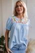 Embroidered Floral Puff Sleeve Notched V Neck Blouse