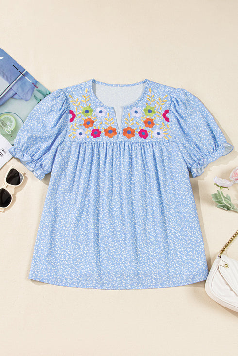 Embroidered Floral Puff Sleeve Notched V Neck Blouse