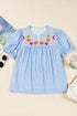 Embroidered Floral Puff Sleeve Notched V Neck Blouse