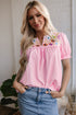 Embroidered Floral Puff Sleeve Notched V Neck Blouse