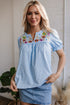 Embroidered Floral Puff Sleeve Notched V Neck Blouse