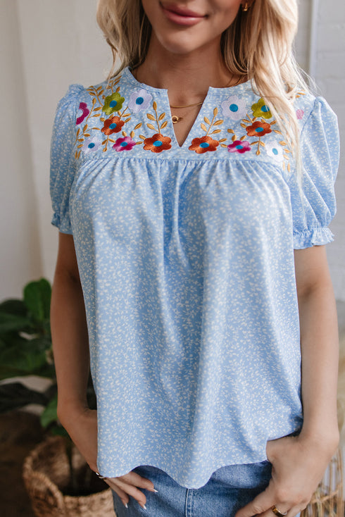 Embroidered Floral Puff Sleeve Notched V Neck Blouse