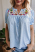Embroidered Floral Puff Sleeve Notched V Neck Blouse
