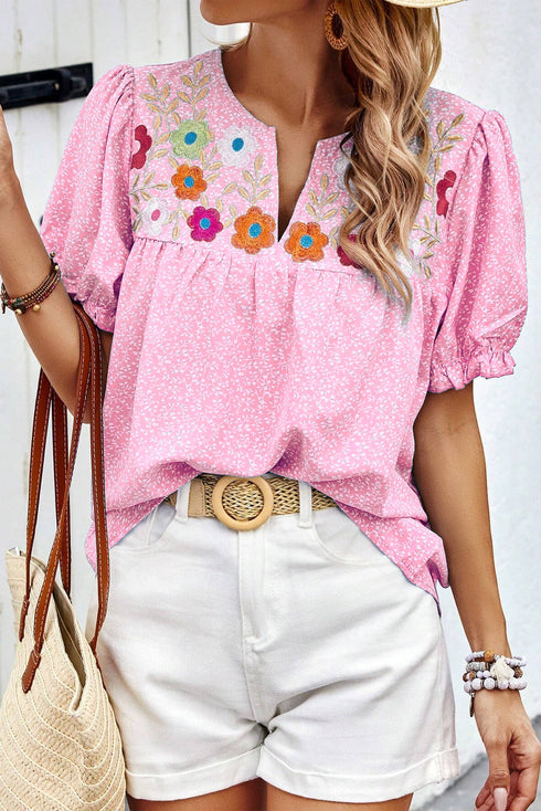 Embroidered Floral Puff Sleeve Notched V Neck Blouse