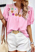 Embroidered Floral Puff Sleeve Notched V Neck Blouse