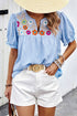 Embroidered Floral Puff Sleeve Notched V Neck Blouse