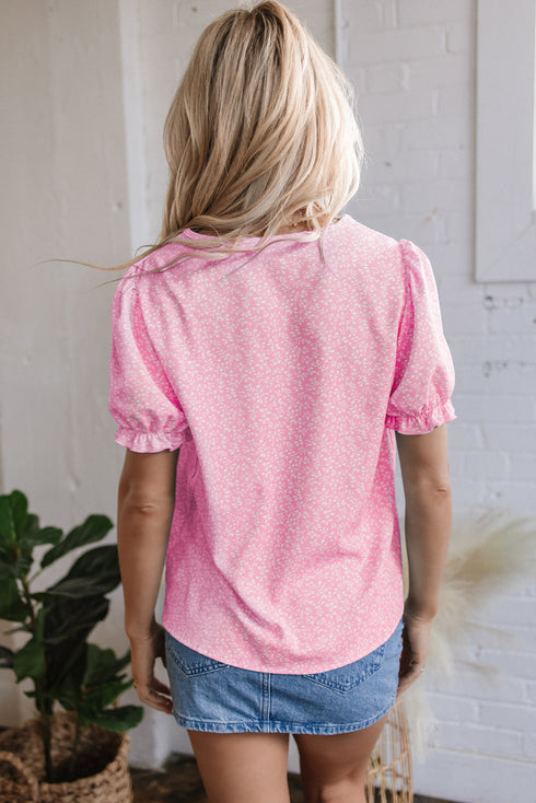 Embroidered Floral Puff Sleeve Notched V Neck Blouse
