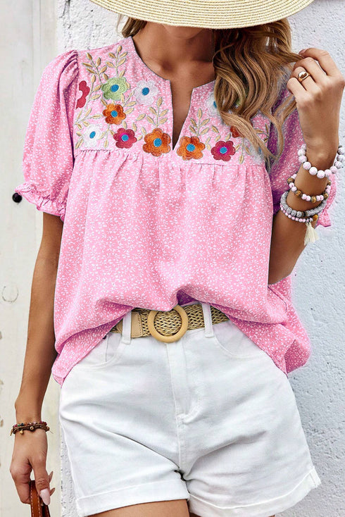 Embroidered Floral Puff Sleeve Notched V Neck Blouse