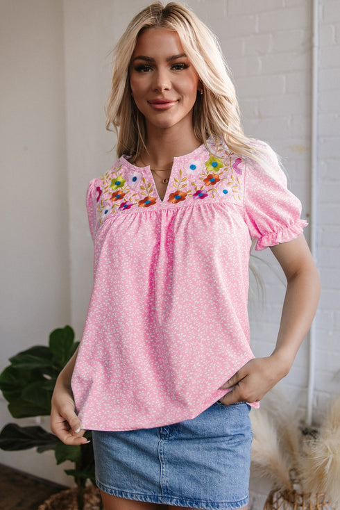 Embroidered Floral Puff Sleeve Notched V Neck Blouse