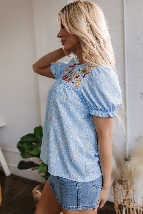 Embroidered Floral Puff Sleeve Notched V Neck Blouse