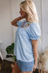 Embroidered Floral Puff Sleeve Notched V Neck Blouse