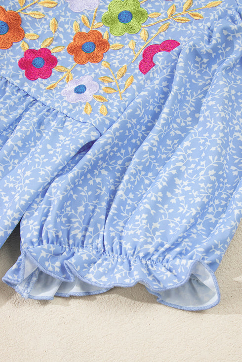 Embroidered Floral Puff Sleeve Notched V Neck Blouse