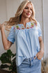 Embroidered Floral Puff Sleeve Notched V Neck Blouse
