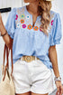 Embroidered Floral Puff Sleeve Notched V Neck Blouse
