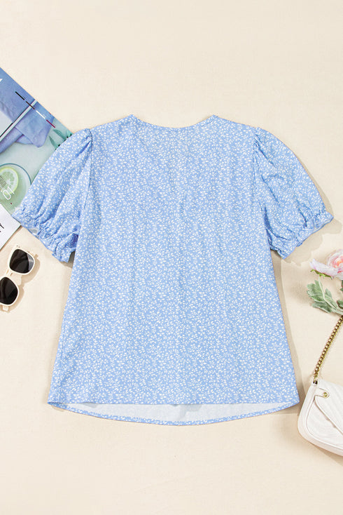 Embroidered Floral Puff Sleeve Notched V Neck Blouse