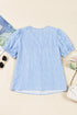 Embroidered Floral Puff Sleeve Notched V Neck Blouse