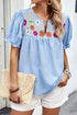 Embroidered Floral Puff Sleeve Notched V Neck Blouse