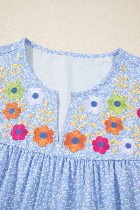 Embroidered Floral Puff Sleeve Notched V Neck Blouse