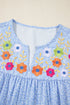 Embroidered Floral Puff Sleeve Notched V Neck Blouse