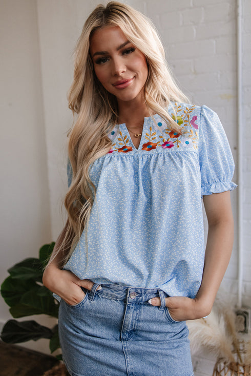 Embroidered Floral Puff Sleeve Notched V Neck Blouse
