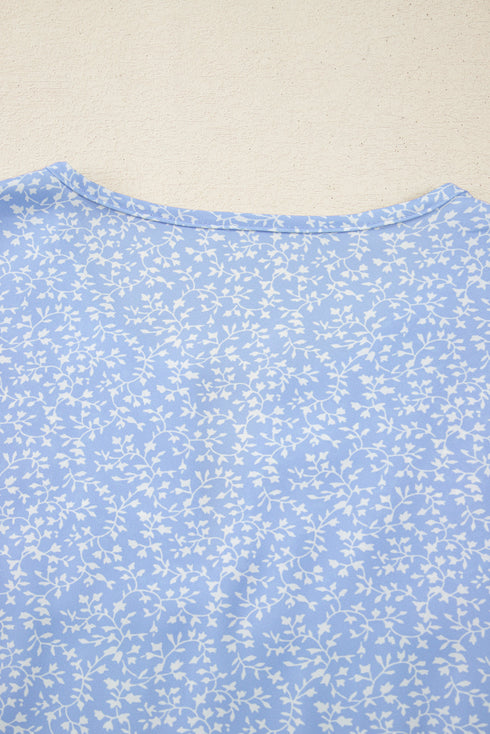 Embroidered Floral Puff Sleeve Notched V Neck Blouse