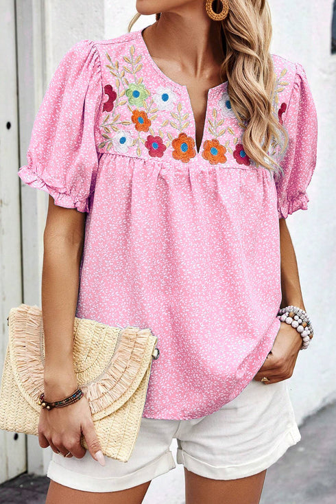 Embroidered Floral Puff Sleeve Notched V Neck Blouse