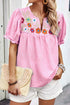 Embroidered Floral Puff Sleeve Notched V Neck Blouse