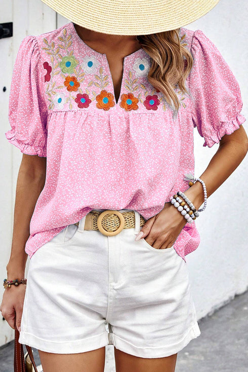 Embroidered Floral Puff Sleeve Notched V Neck Blouse