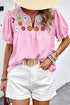 Embroidered Floral Puff Sleeve Notched V Neck Blouse