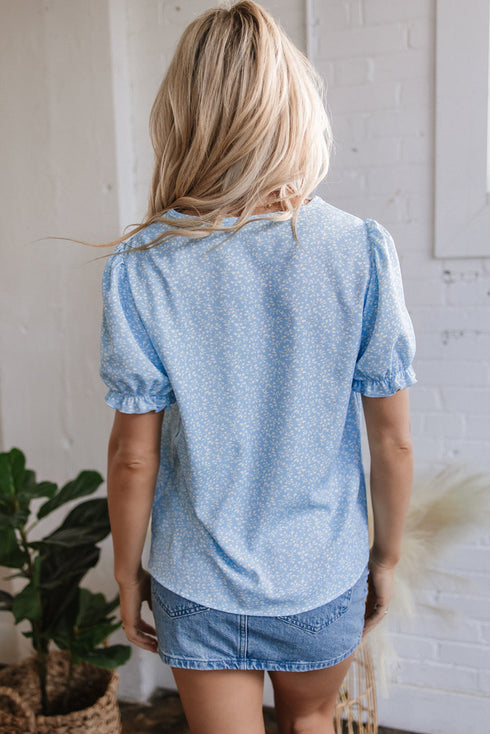 Embroidered Floral Puff Sleeve Notched V Neck Blouse
