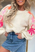 Embroidered Floral Sleeve Drop Shoulder Crewneck Sweater