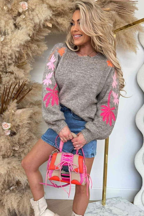 Embroidered Floral Sleeve Drop Shoulder Crewneck Sweater