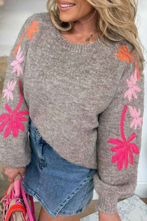 Embroidered Floral Sleeve Drop Shoulder Crewneck Sweater