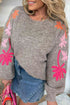 Embroidered Floral Sleeve Drop Shoulder Crewneck Sweater