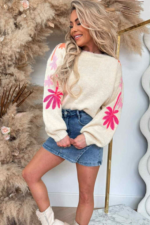 Embroidered Floral Sleeve Drop Shoulder Crewneck Sweater