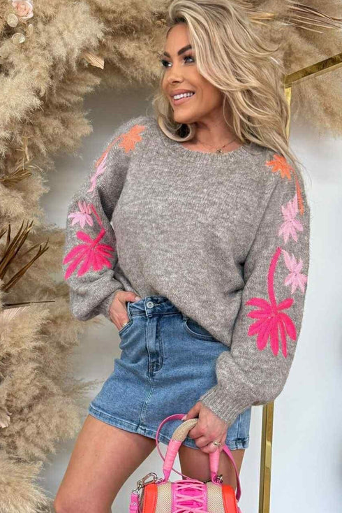Embroidered Floral Sleeve Drop Shoulder Crewneck Sweater