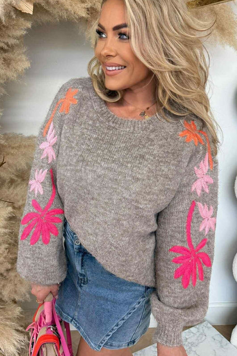 Embroidered Floral Sleeve Drop Shoulder Crewneck Sweater