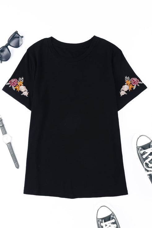 Embroidered Floral Sleeve Relaxed Crew Neck Tee