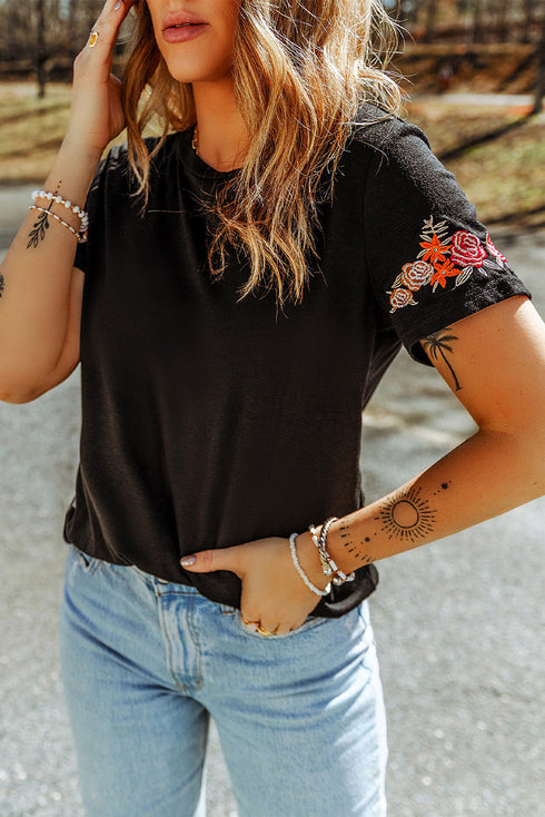 Embroidered Floral Sleeve Relaxed Crew Neck Tee