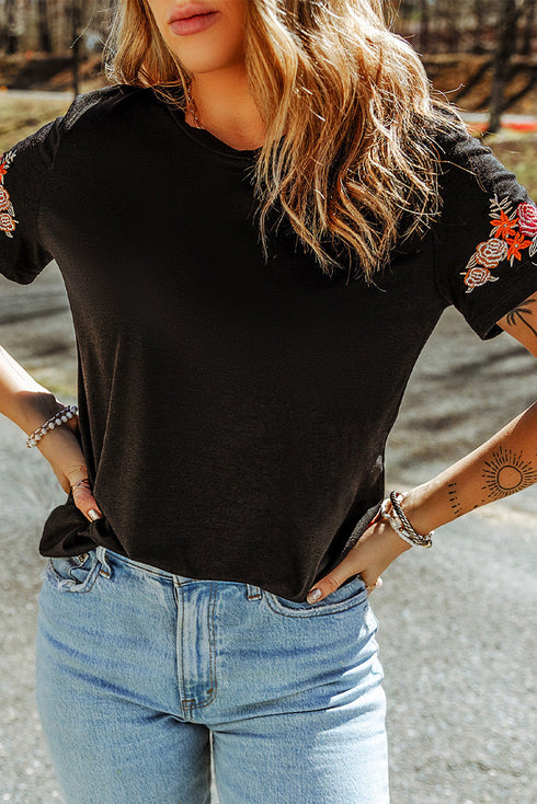 Embroidered Floral Sleeve Relaxed Crew Neck Tee
