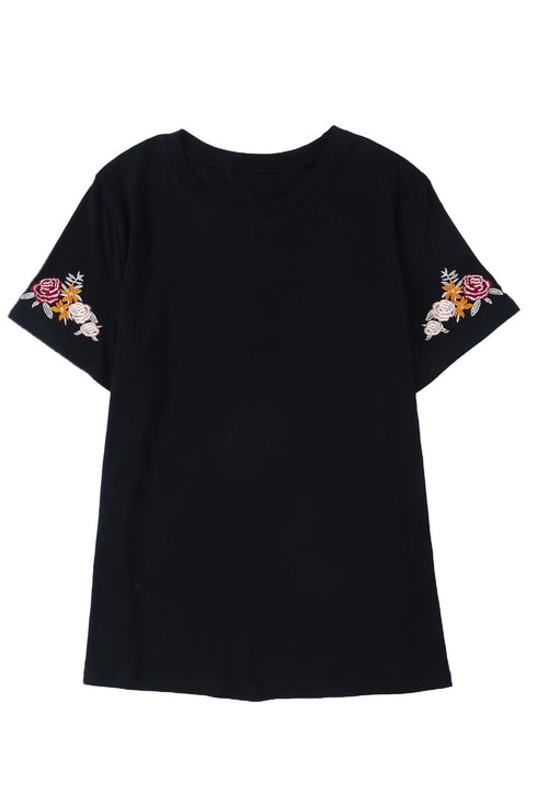 Embroidered Floral Sleeve Relaxed Crew Neck Tee