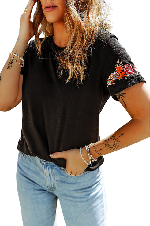 Embroidered Floral Sleeve Relaxed Crew Neck Tee