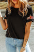 Embroidered Floral Sleeve Relaxed Crew Neck Tee