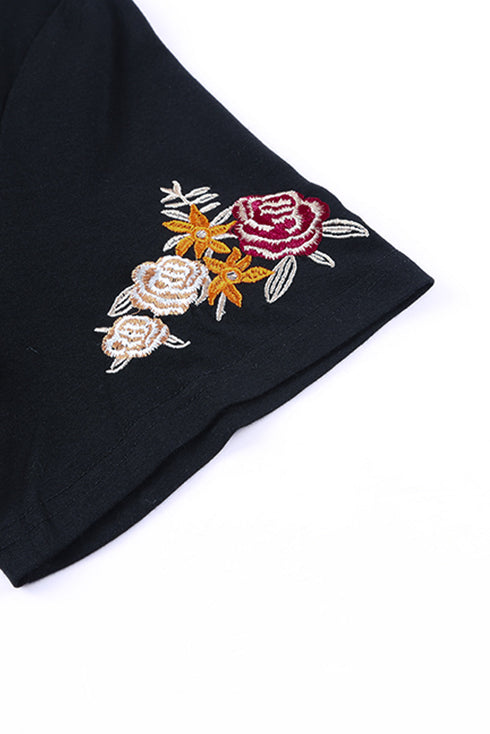 Embroidered Floral Sleeve Relaxed Crew Neck Tee