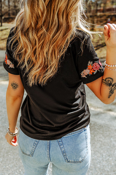 Embroidered Floral Sleeve Relaxed Crew Neck Tee