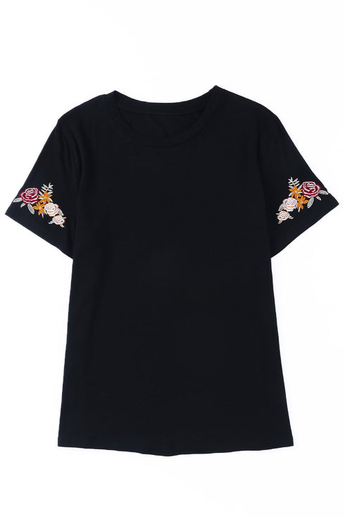 Embroidered Floral Sleeve Relaxed Crew Neck Tee